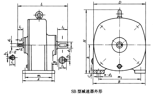 SB系列雙擺線針輪減速機外形及安裝尺寸、針齒中心圓直徑及傳動比